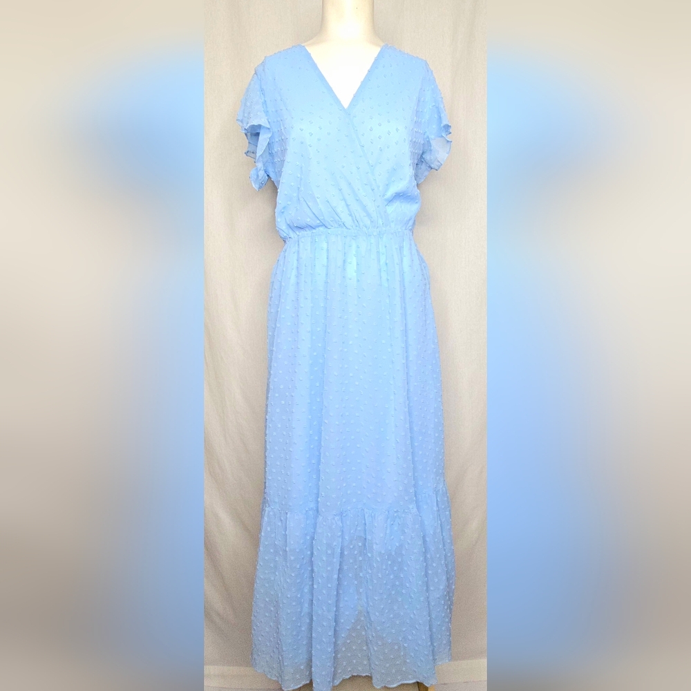 Fashion Sky Blue Swiss Dot Faux Wrap Flutter Sleeves Maxi Dress NWT‎ Size M